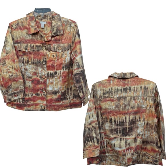 Chico’s 1 Medium Abstract Print Jacket Linen Cotton Blend Fall Colors - Picture 1 of 6
